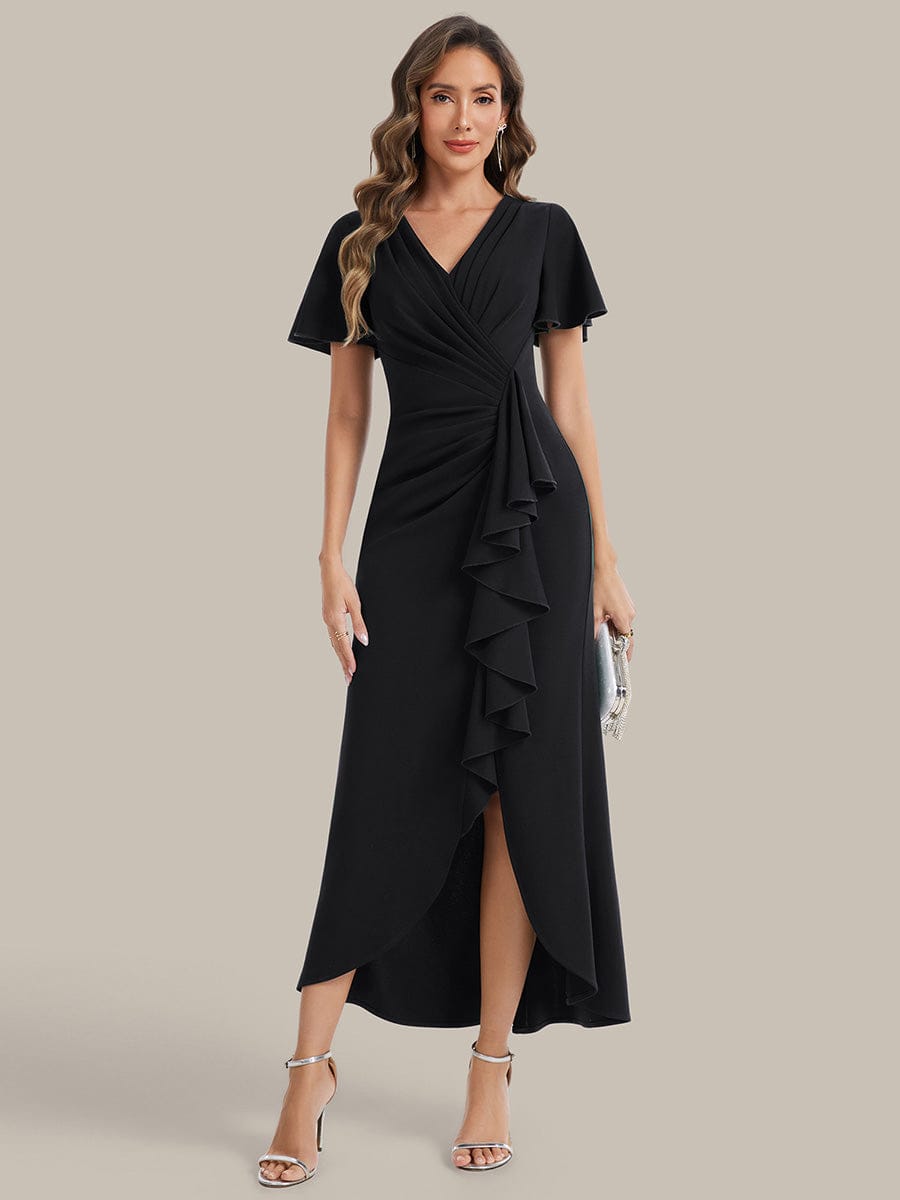 Thigh-High Slit Knit Ruffle Sleeve Dress #color_Black