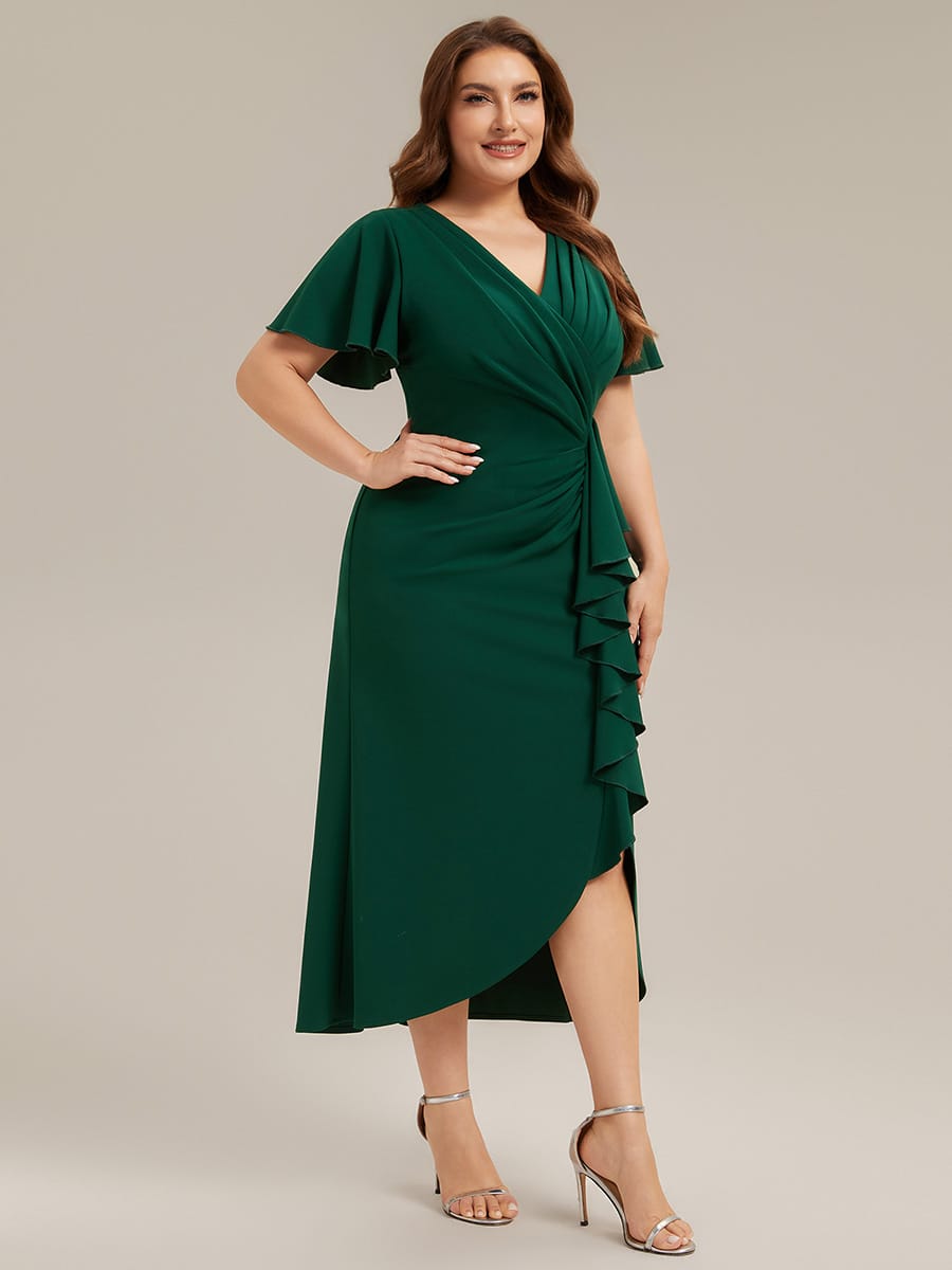 Thigh-High Slit Knit Ruffle Sleeve Dress #color_Dark Green