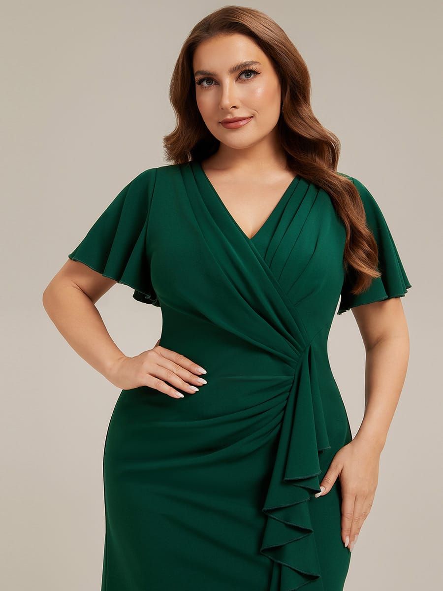 Thigh-High Slit Knit Ruffle Sleeve Dress #color_Dark Green