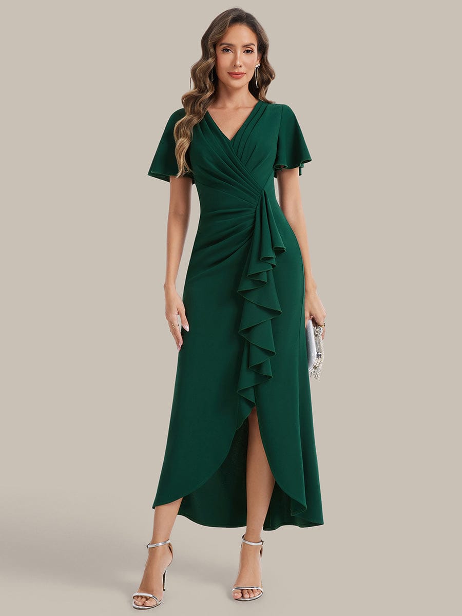 Thigh-High Slit Knit Ruffle Sleeve Dress #color_Dark Green