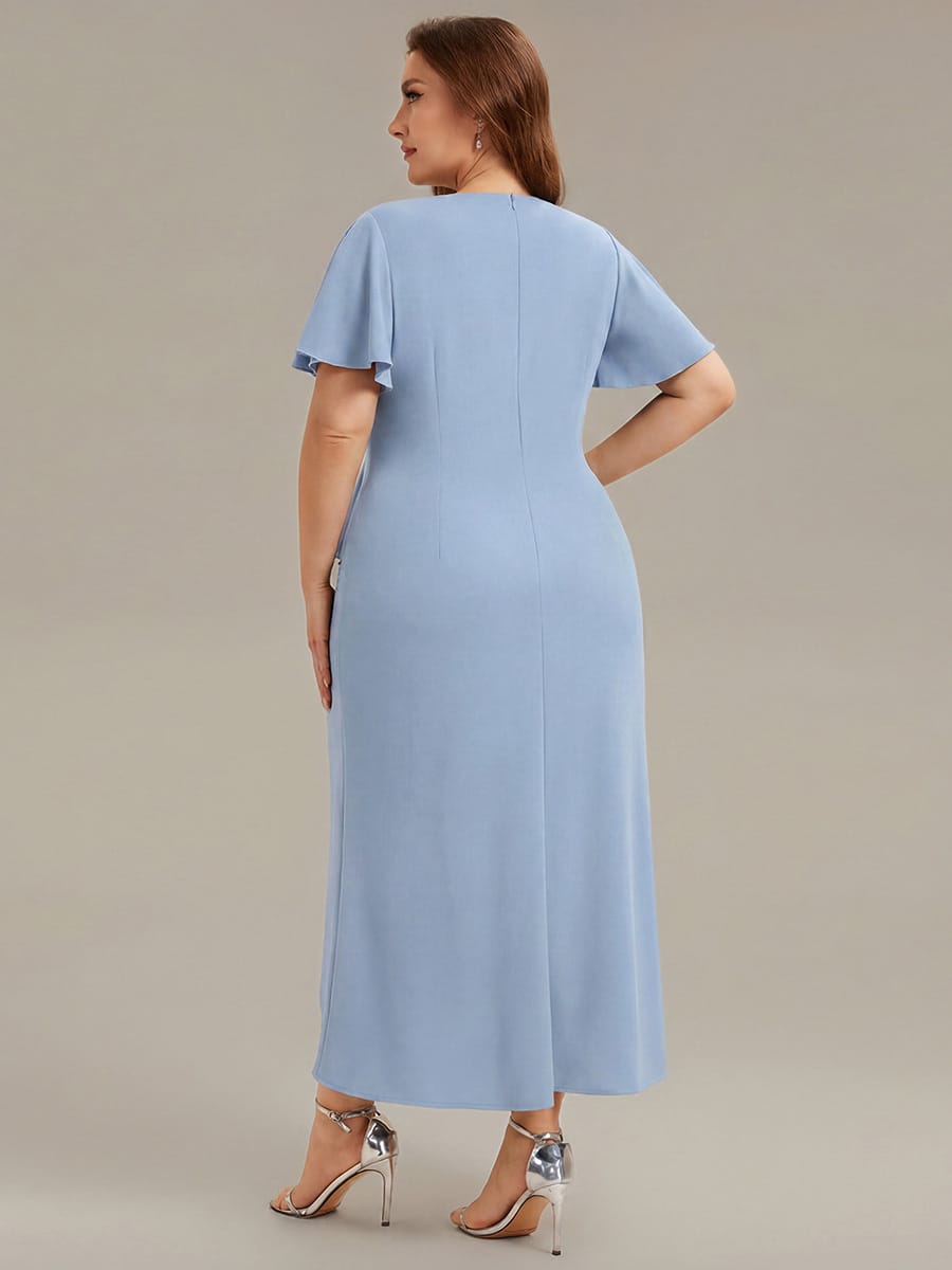 Thigh-High Slit Knit Ruffle Sleeve Dress #color_Ice Blue