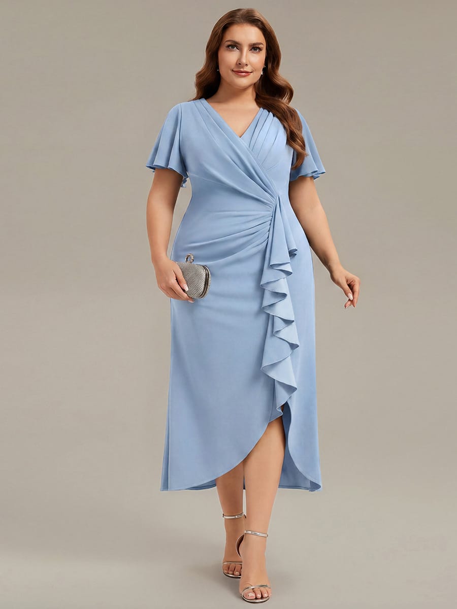 Thigh-High Slit Knit Ruffle Sleeve Dress #color_Ice Blue