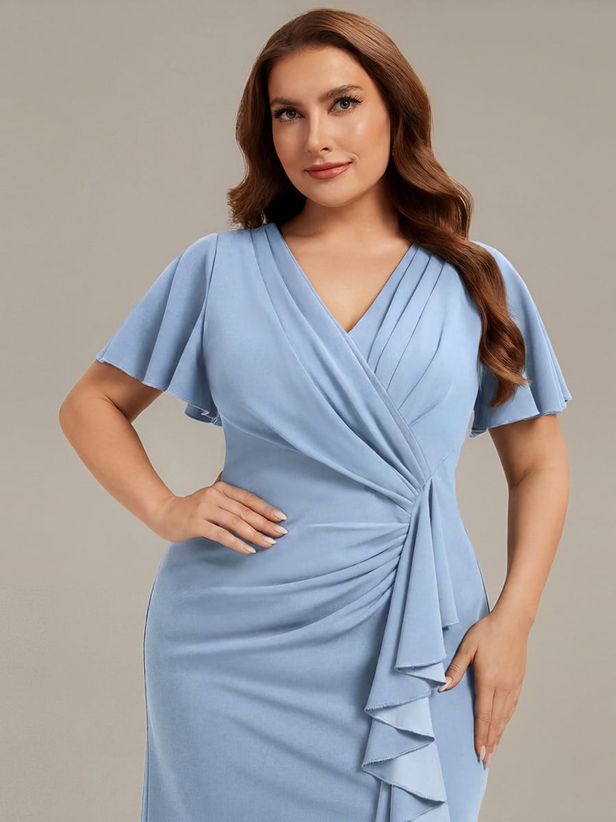 Thigh-High Slit Knit Ruffle Sleeve Dress #color_Ice Blue