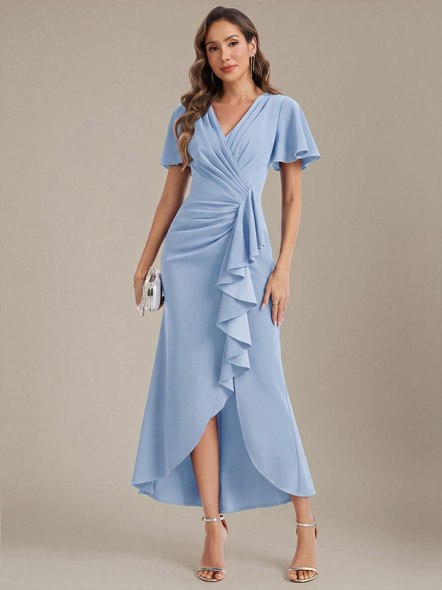 Thigh-High Slit Knit Ruffle Sleeve Dress #color_Ice Blue