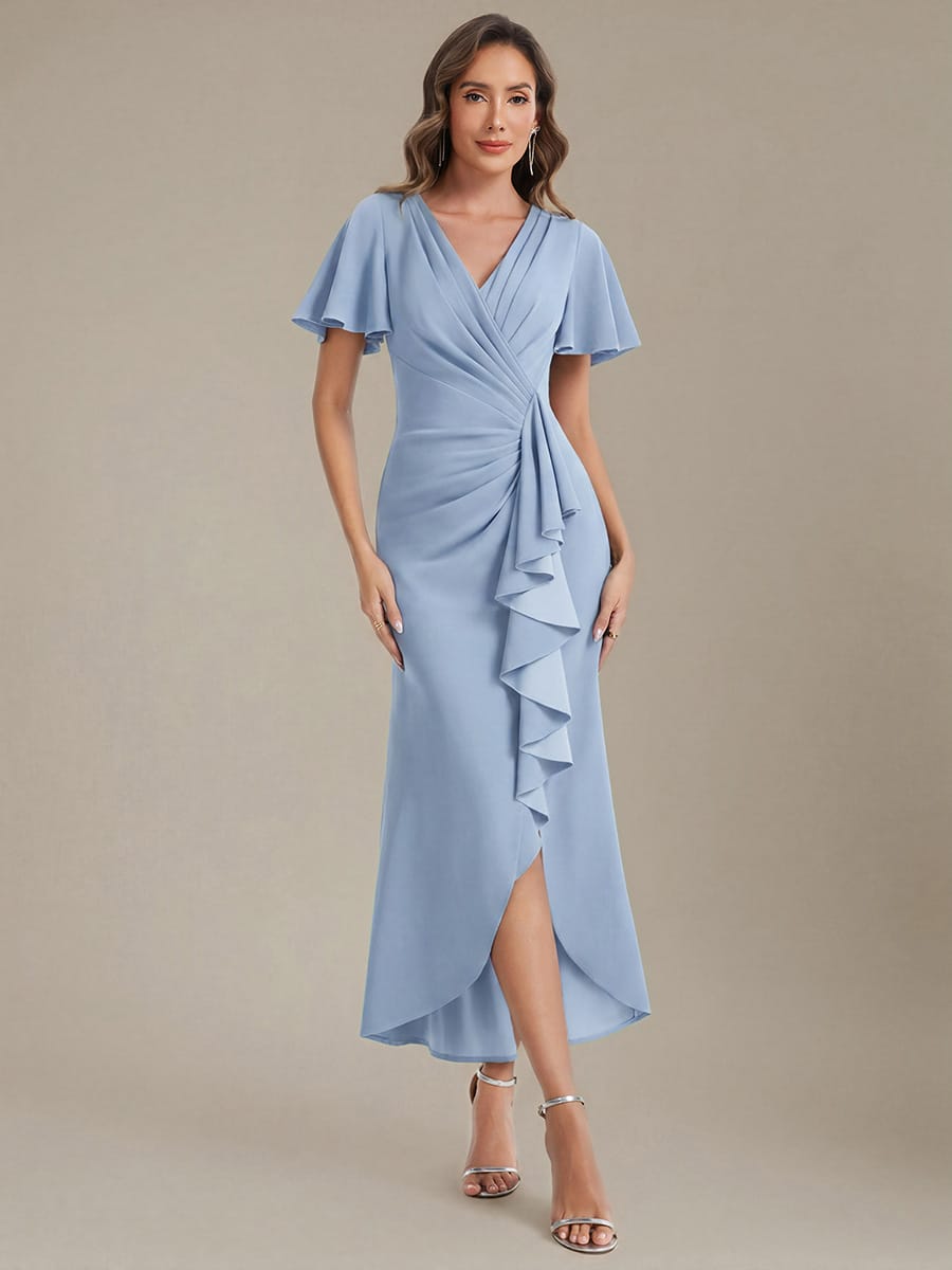 Thigh-High Slit Knit Ruffle Sleeve Dress #color_Ice Blue
