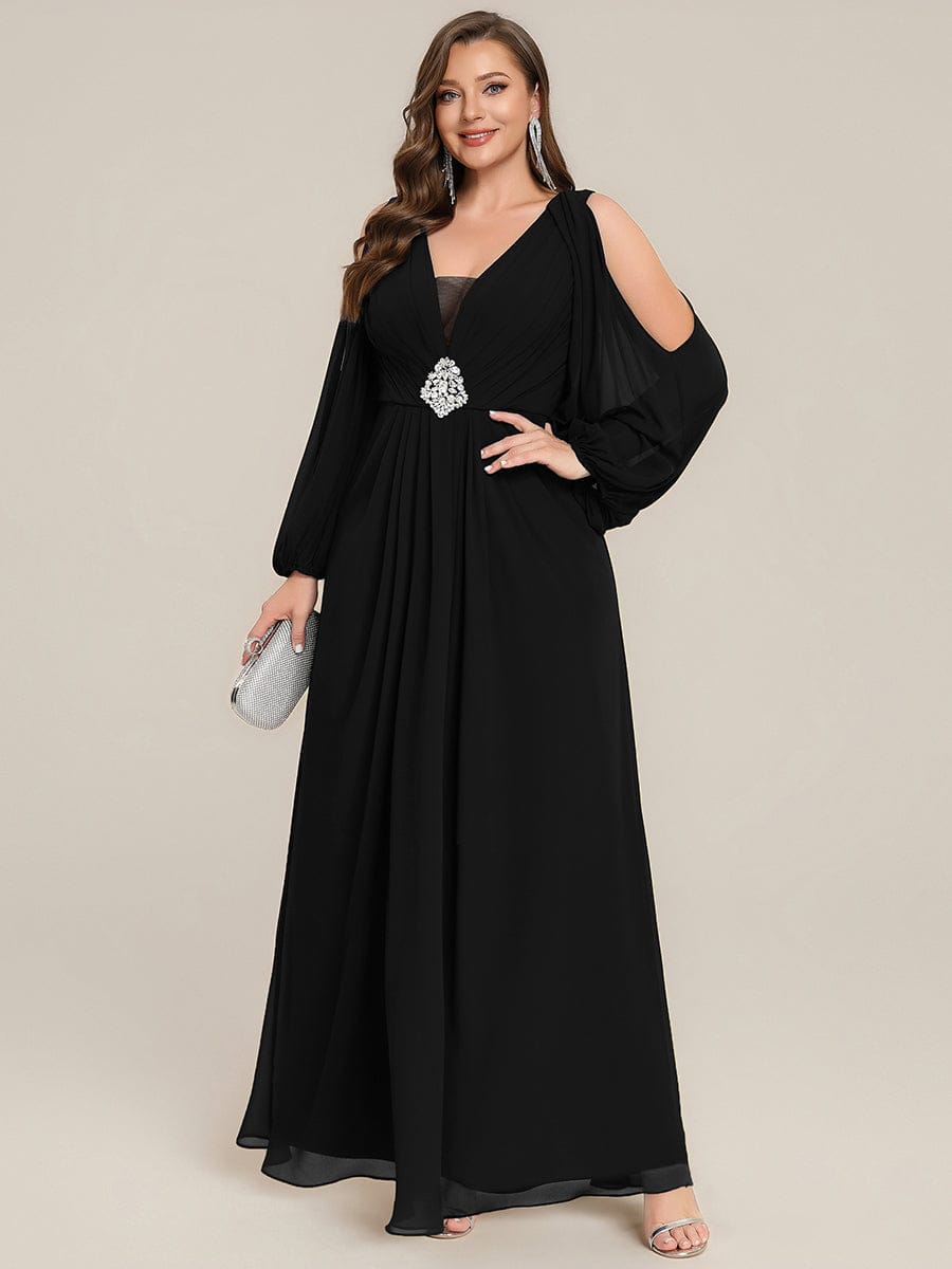 Rhinestone Embellished Chiffon Lantern Sleeve Dress #color_Black
