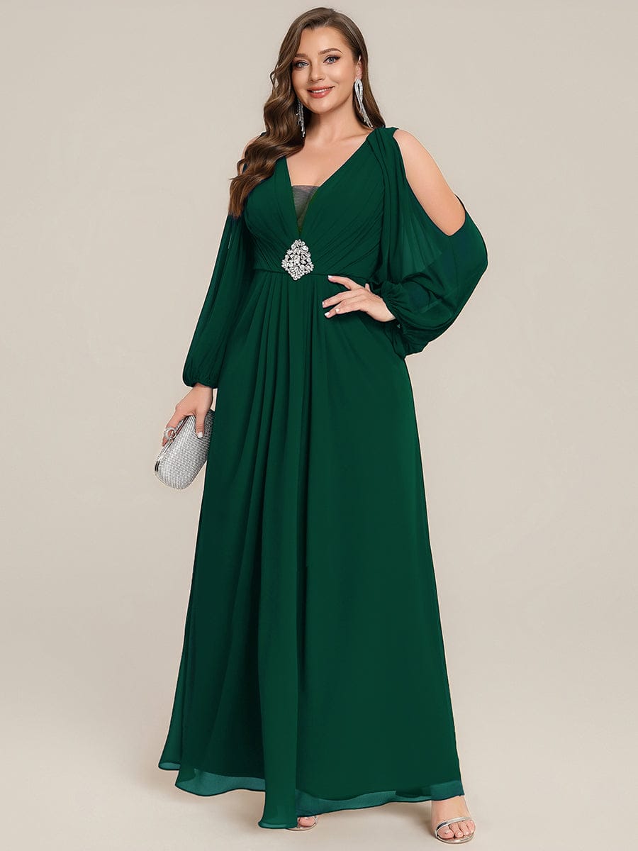 Rhinestone Embellished Chiffon Lantern Sleeve Dress #color_Dark Green
