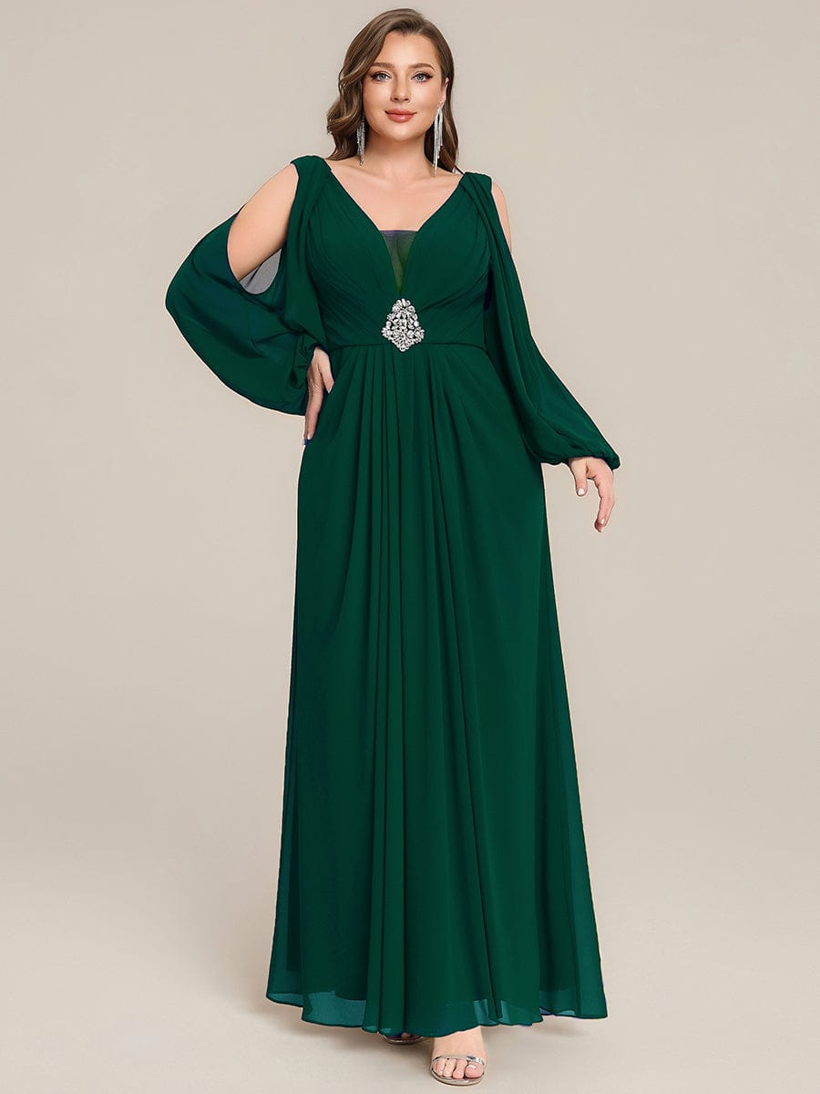 Rhinestone Embellished Chiffon Lantern Sleeve Dress #color_Dark Green
