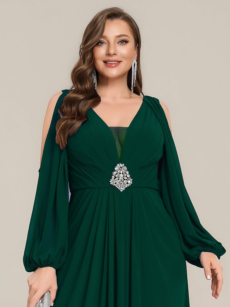 Rhinestone Embellished Chiffon Lantern Sleeve Dress #color_Dark Green