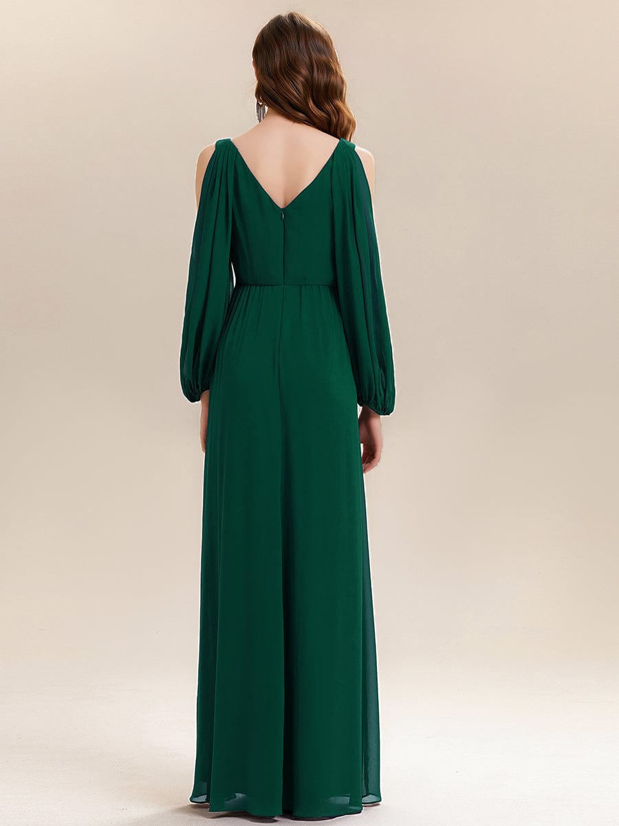 Rhinestone Embellished Chiffon Lantern Sleeve Dress #color_Dark Green