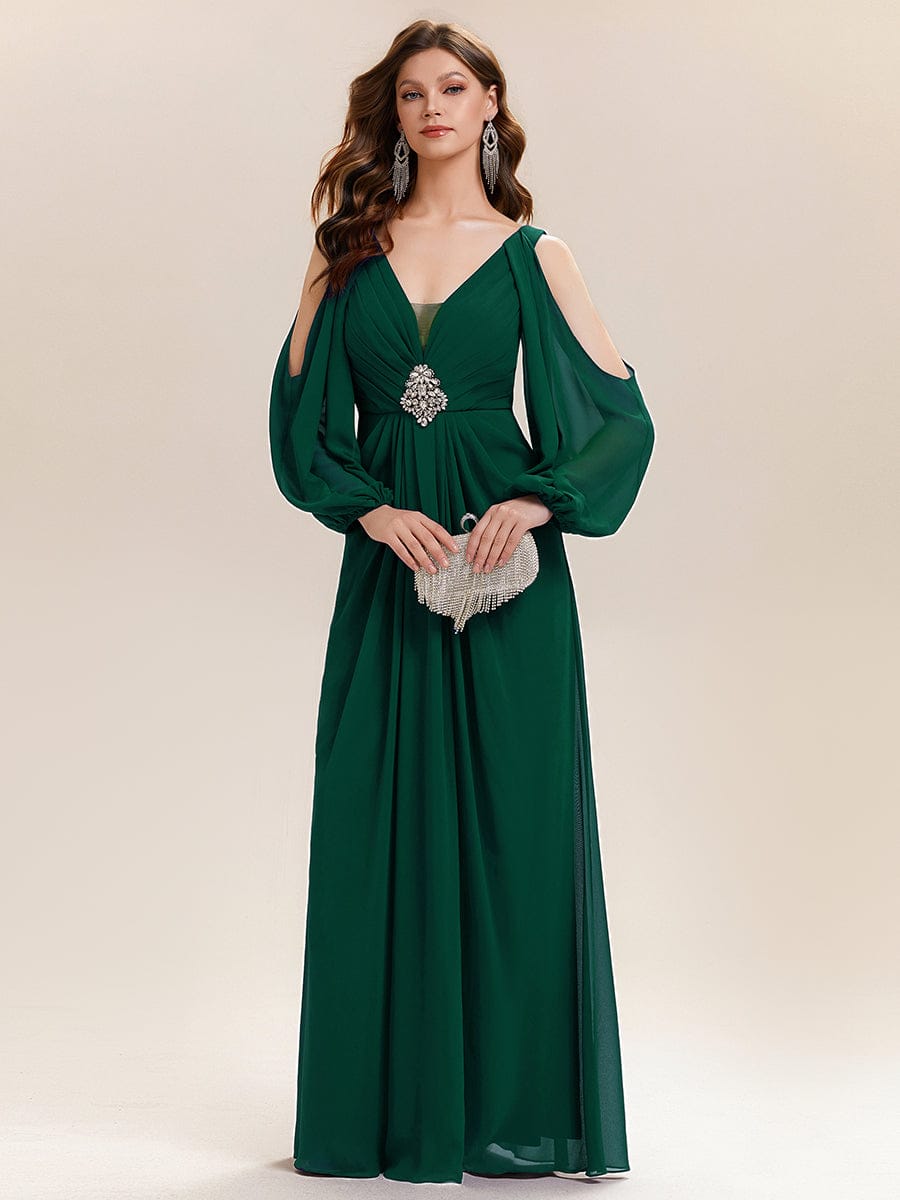 Rhinestone Embellished Chiffon Lantern Sleeve Dress #color_Dark Green