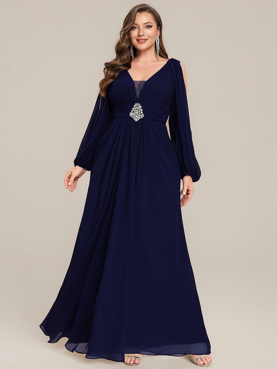 Rhinestone Embellished Chiffon Lantern Sleeve Dress #color_Navy Blue