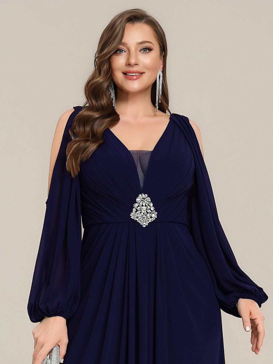 Rhinestone Embellished Chiffon Lantern Sleeve Dress #color_Navy Blue