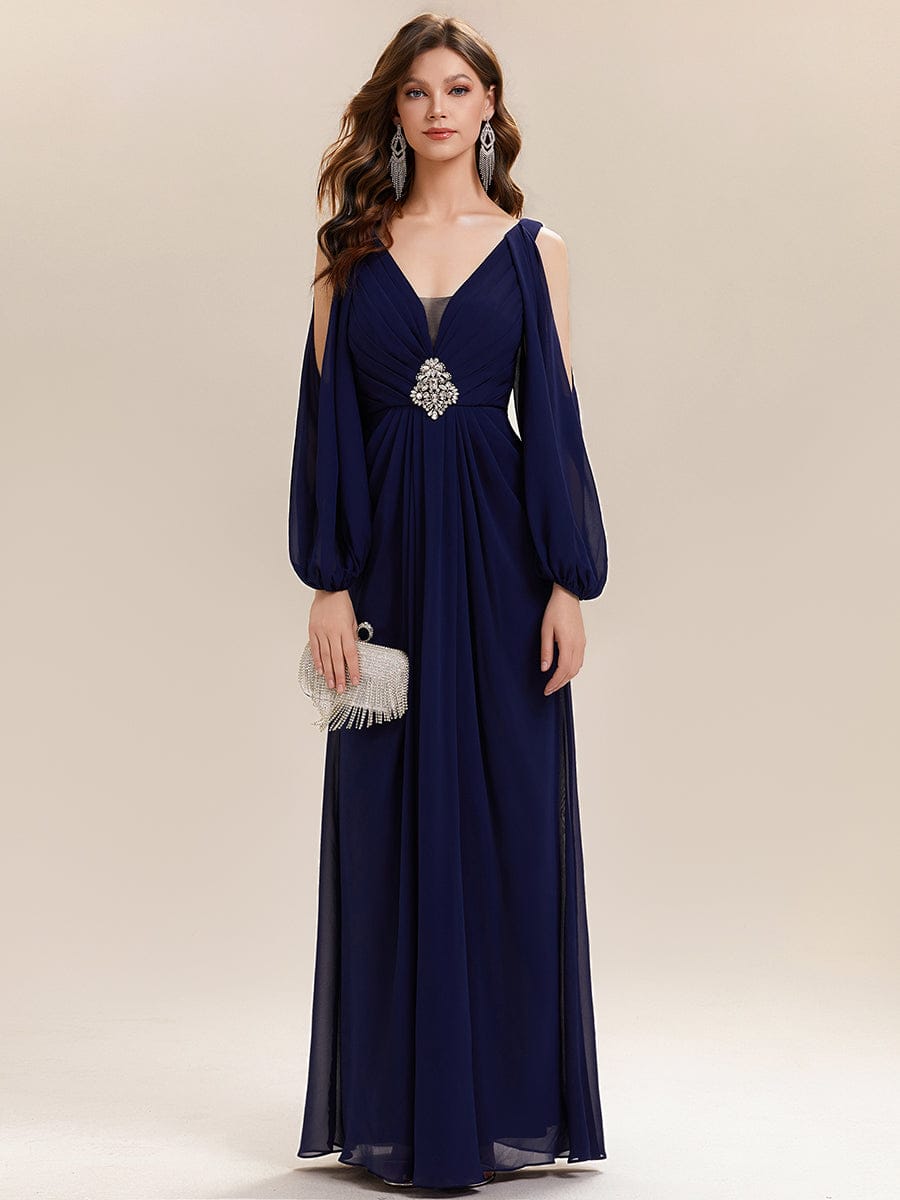 Rhinestone Embellished Chiffon Lantern Sleeve Dress #color_Navy Blue