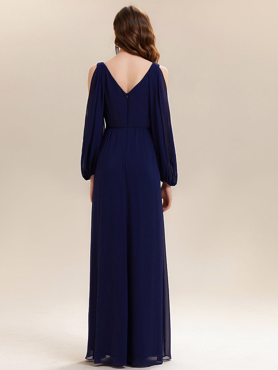 Rhinestone Embellished Chiffon Lantern Sleeve Dress #color_Navy Blue