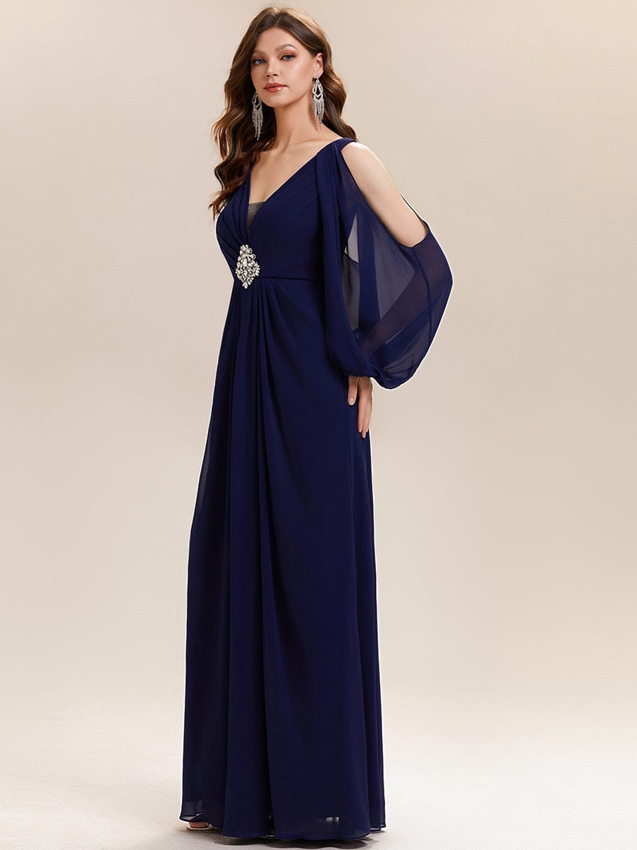Rhinestone Embellished Chiffon Lantern Sleeve Dress #color_Navy Blue