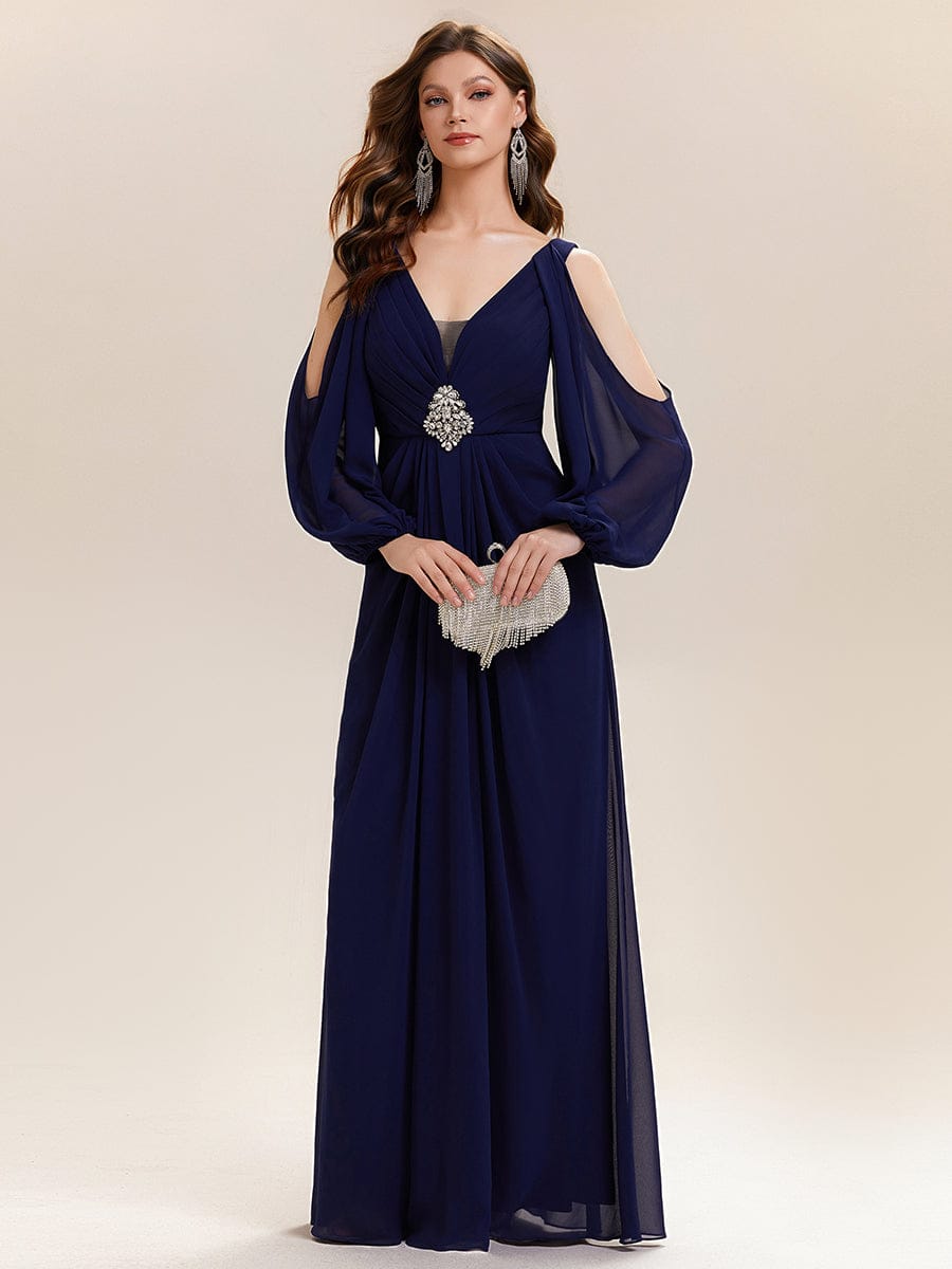 Rhinestone Embellished Chiffon Lantern Sleeve Dress #color_Navy Blue