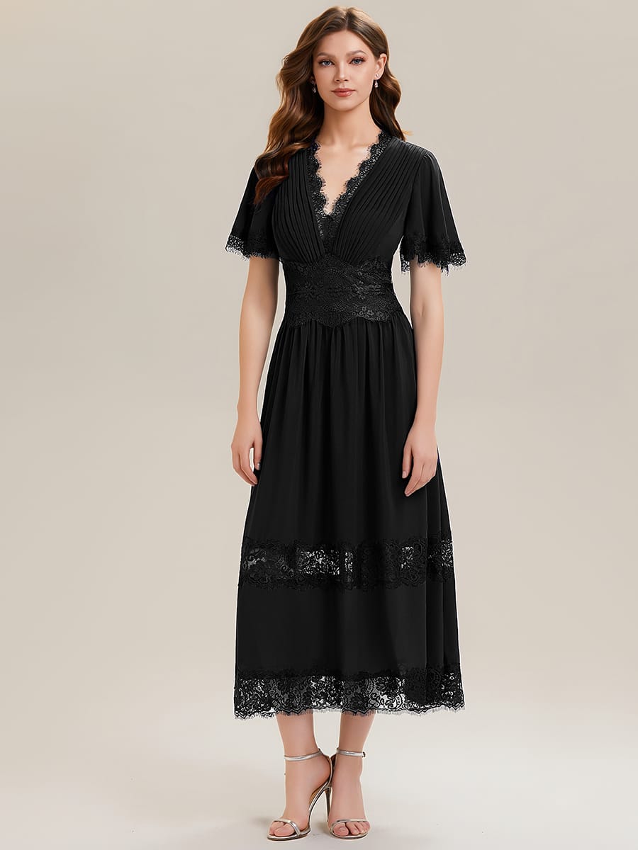 Cut-Out Detail Chiffon Ruffle Sleeve Dress #color_Black
