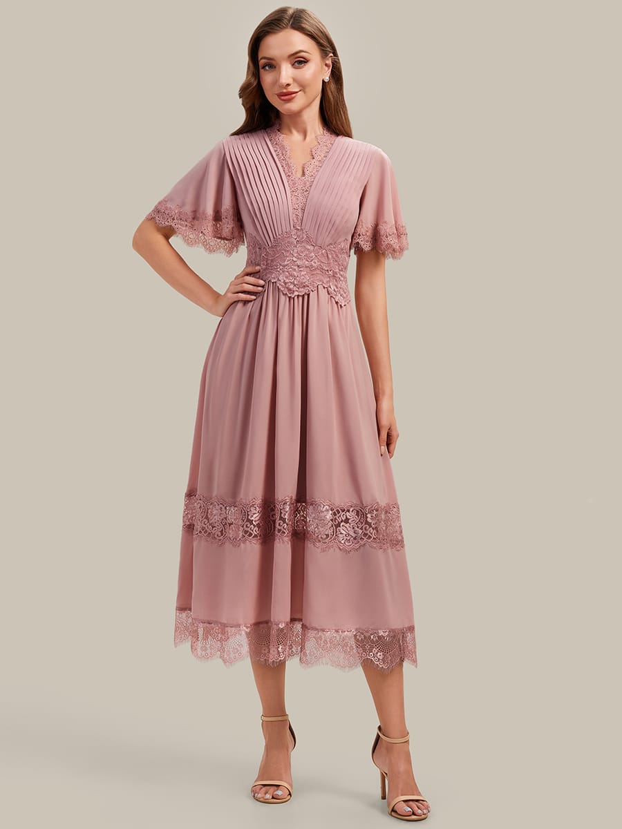 Cut-Out Detail Chiffon Ruffle Sleeve Dress #color_Dusty Rose