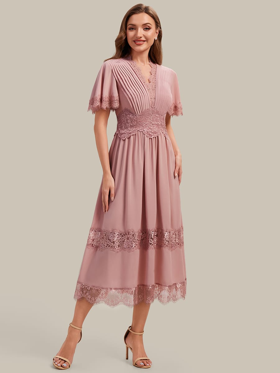 Cut-Out Detail Chiffon Ruffle Sleeve Dress #color_Dusty Rose