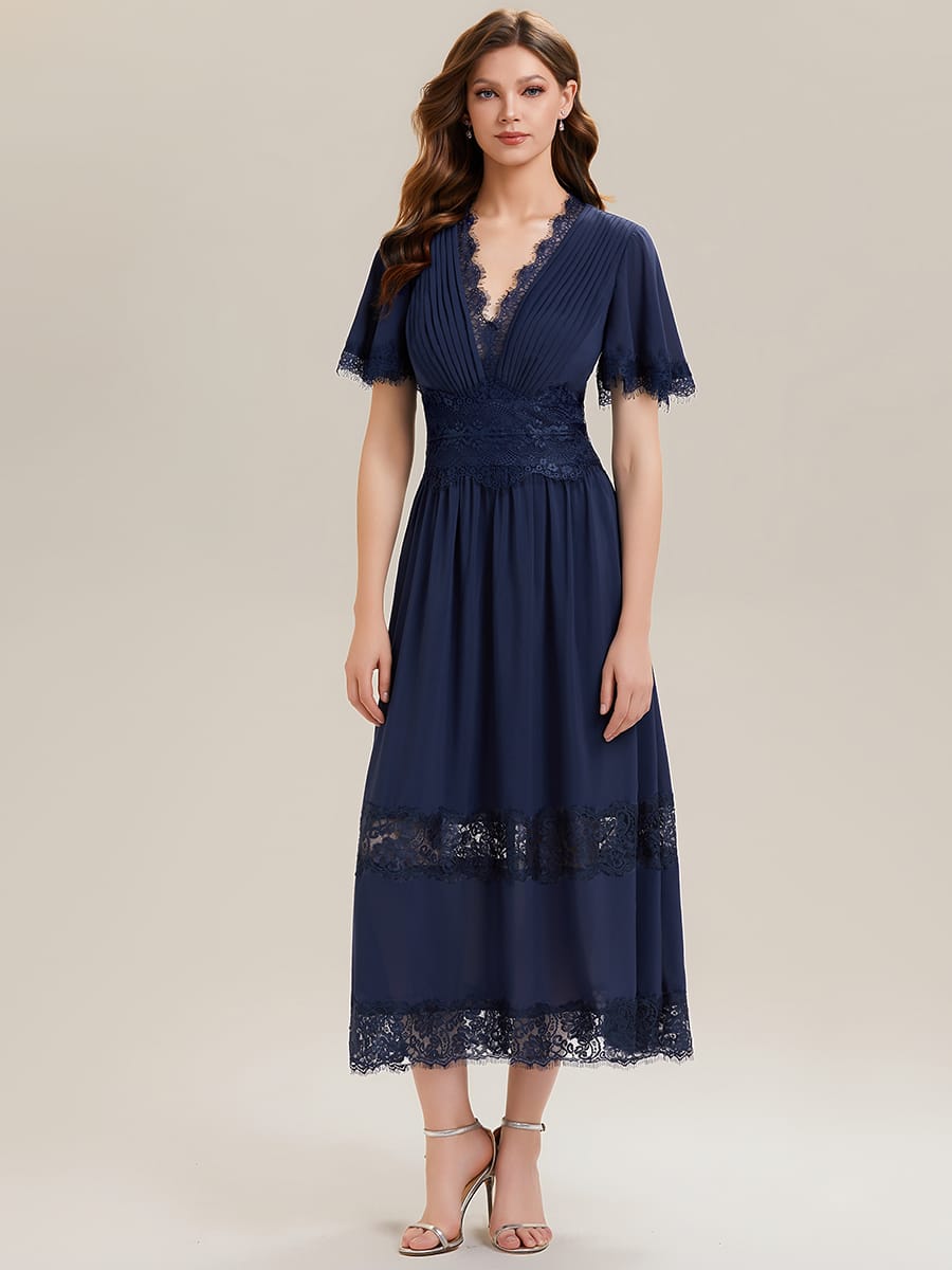 Cut-Out Detail Chiffon Ruffle Sleeve Dress #color_Navy Blue