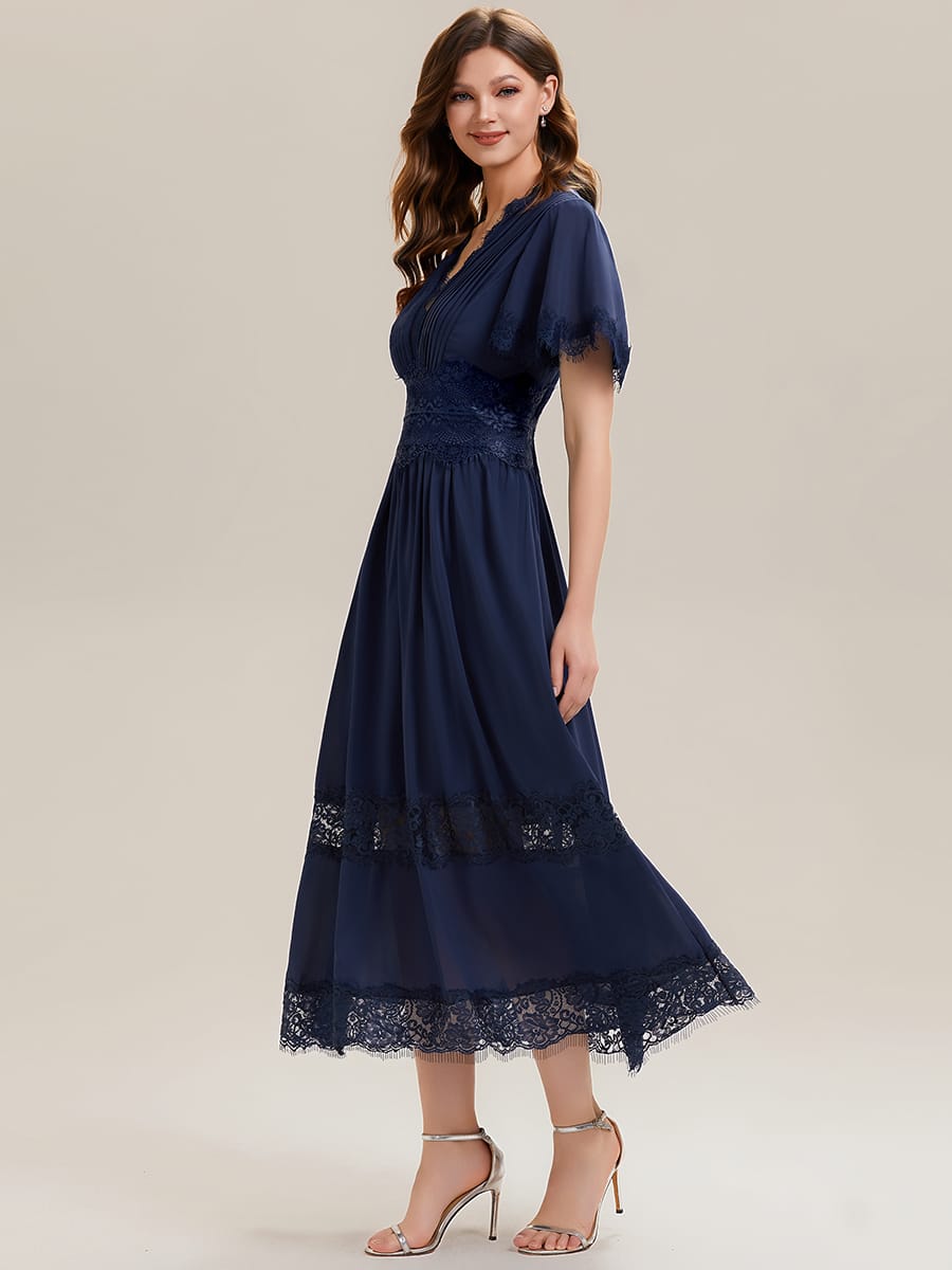 Cut-Out Detail Chiffon Ruffle Sleeve Dress #color_Navy Blue