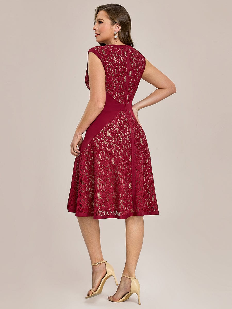 See-through Lace Cap Sleeve Dress #color_Dark Red