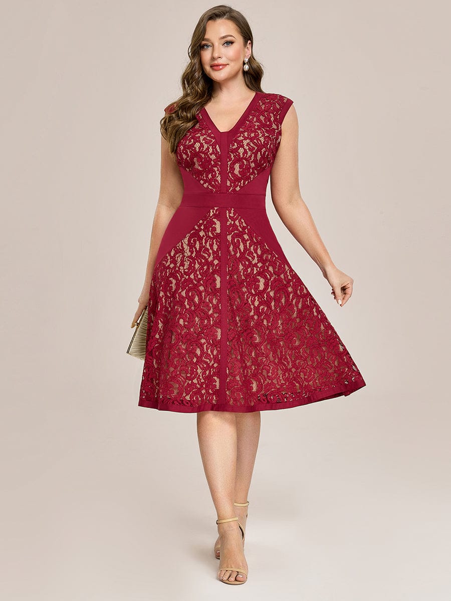 See-through Lace Cap Sleeve Dress #color_Dark Red