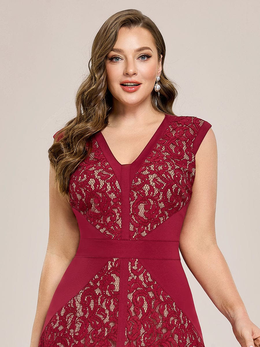 See-through Lace Cap Sleeve Dress #color_Dark Red