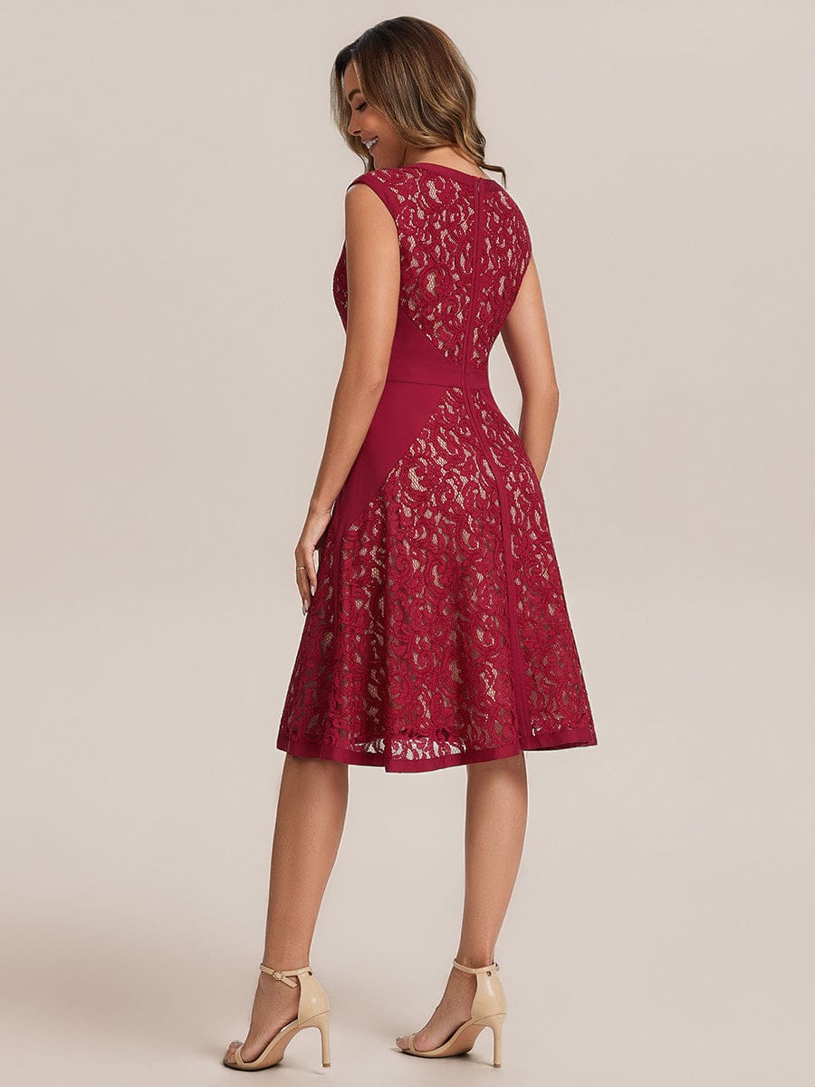 See-through Lace Cap Sleeve Dress #color_Dark Red