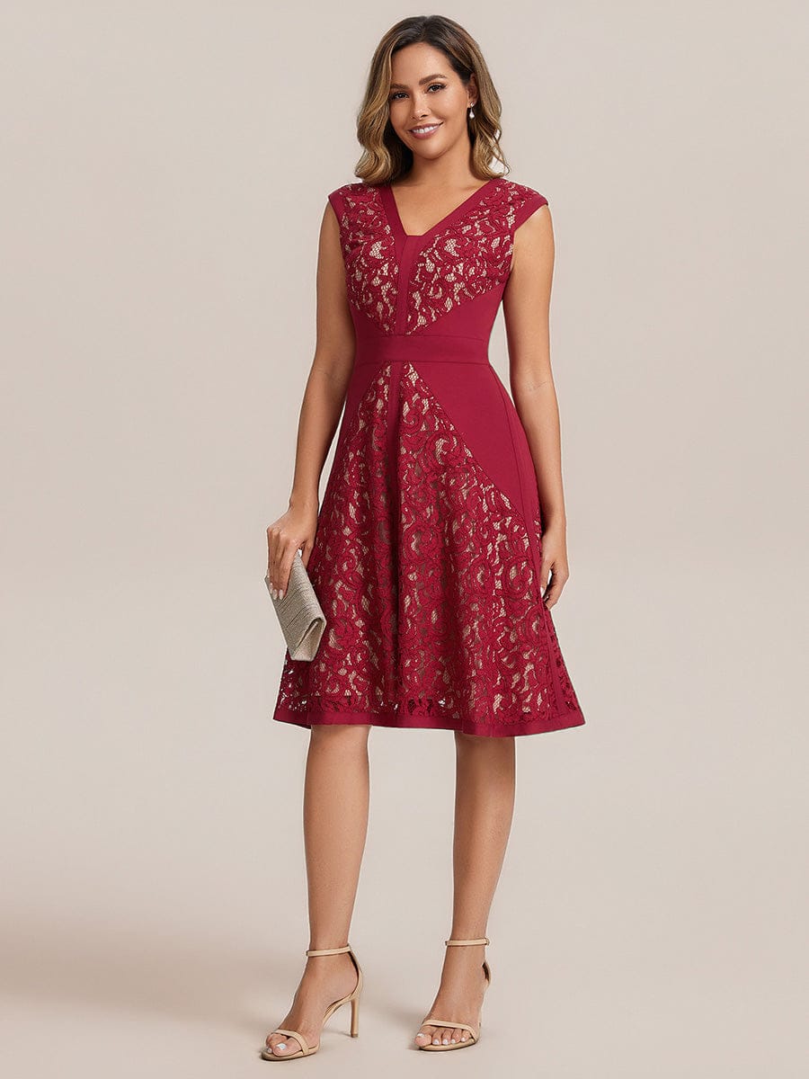 See-through Lace Cap Sleeve Dress #color_Dark Red