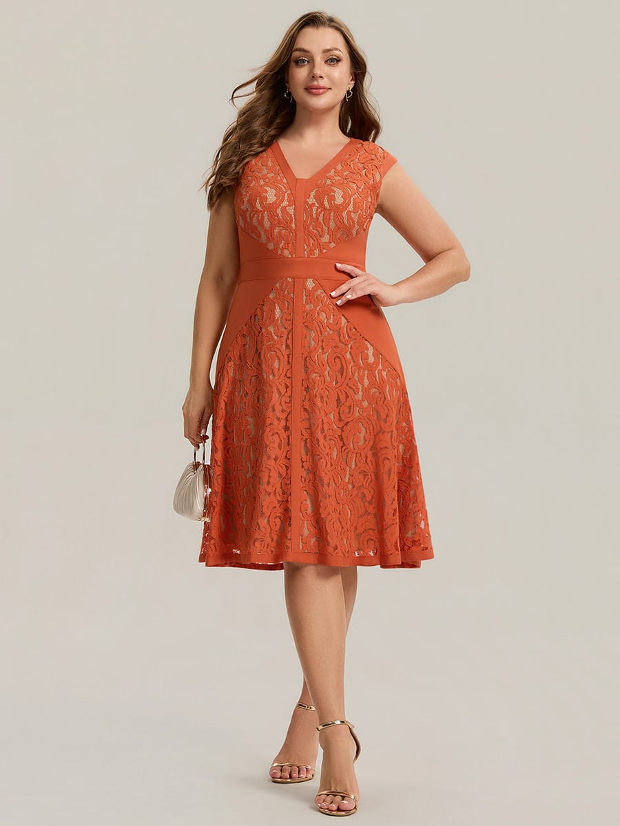 See-through Lace Cap Sleeve Dress #color_Burnt Orange
