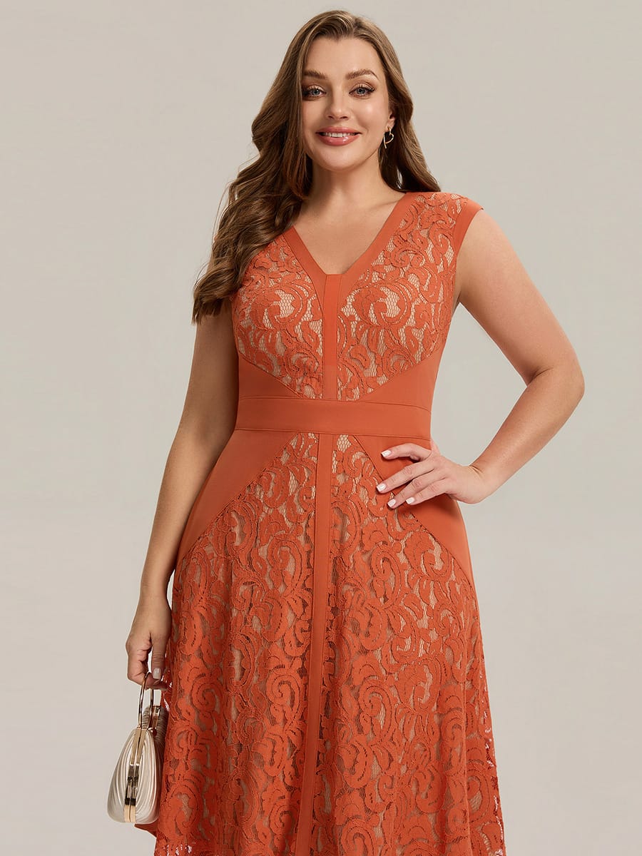 See-through Lace Cap Sleeve Dress #color_Burnt Orange
