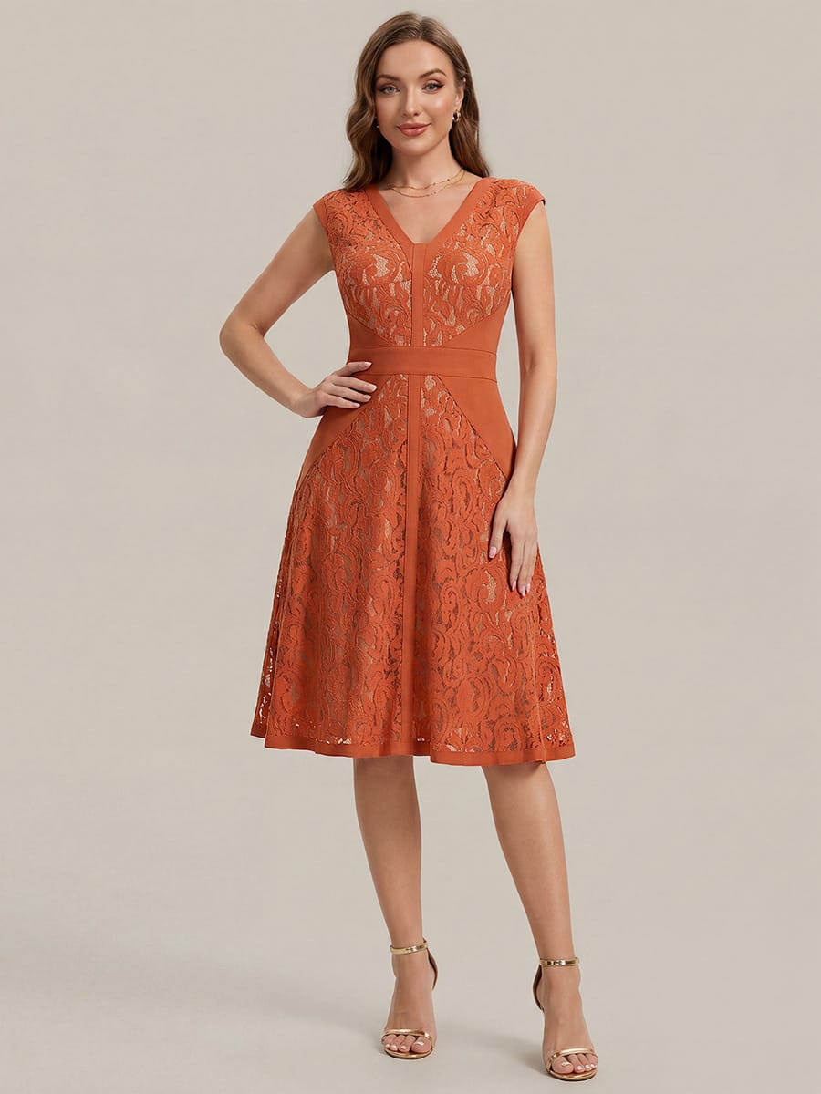 See-through Lace Cap Sleeve Dress #color_Burnt Orange