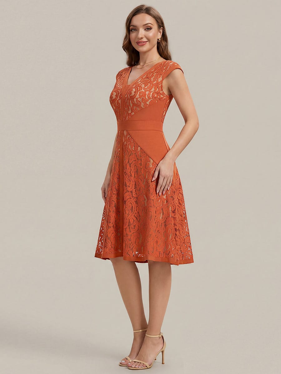 See-through Lace Cap Sleeve Dress #color_Burnt Orange