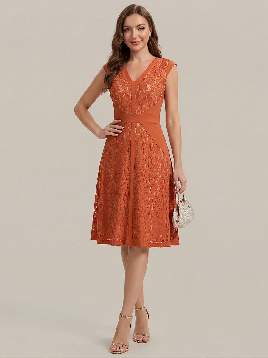 See-through Lace Cap Sleeve Dress #color_Burnt Orange