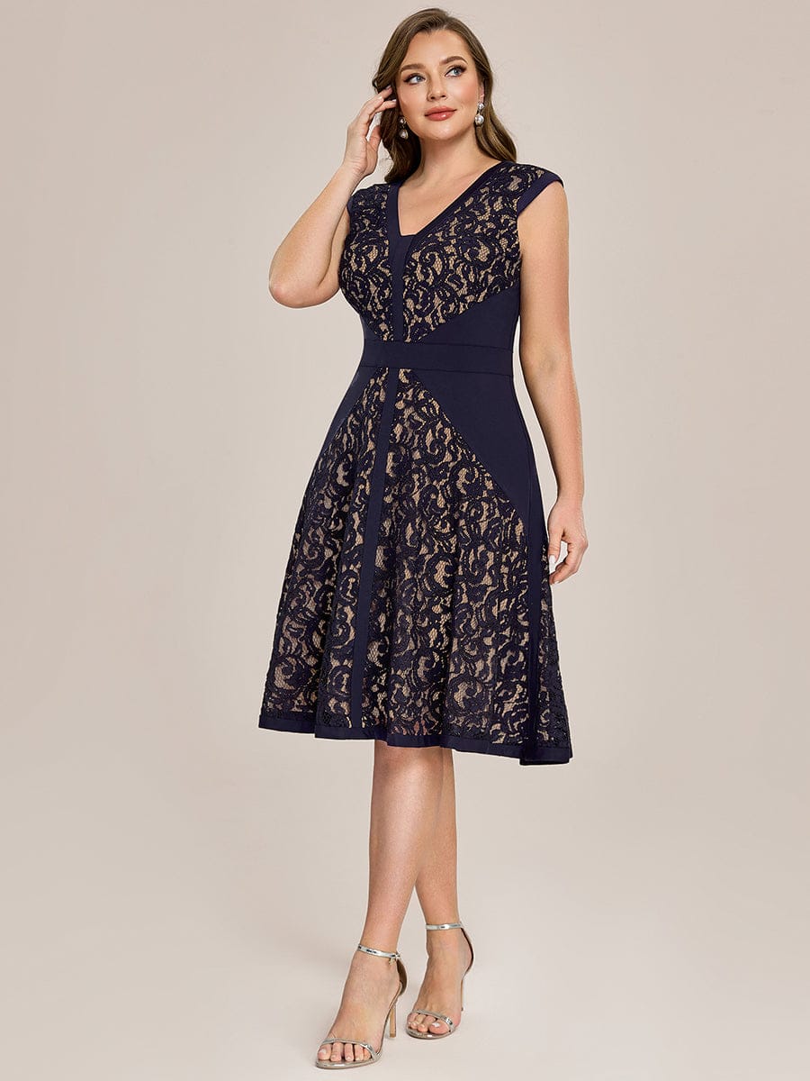 See-through Lace Cap Sleeve Dress #color_Navy Blue