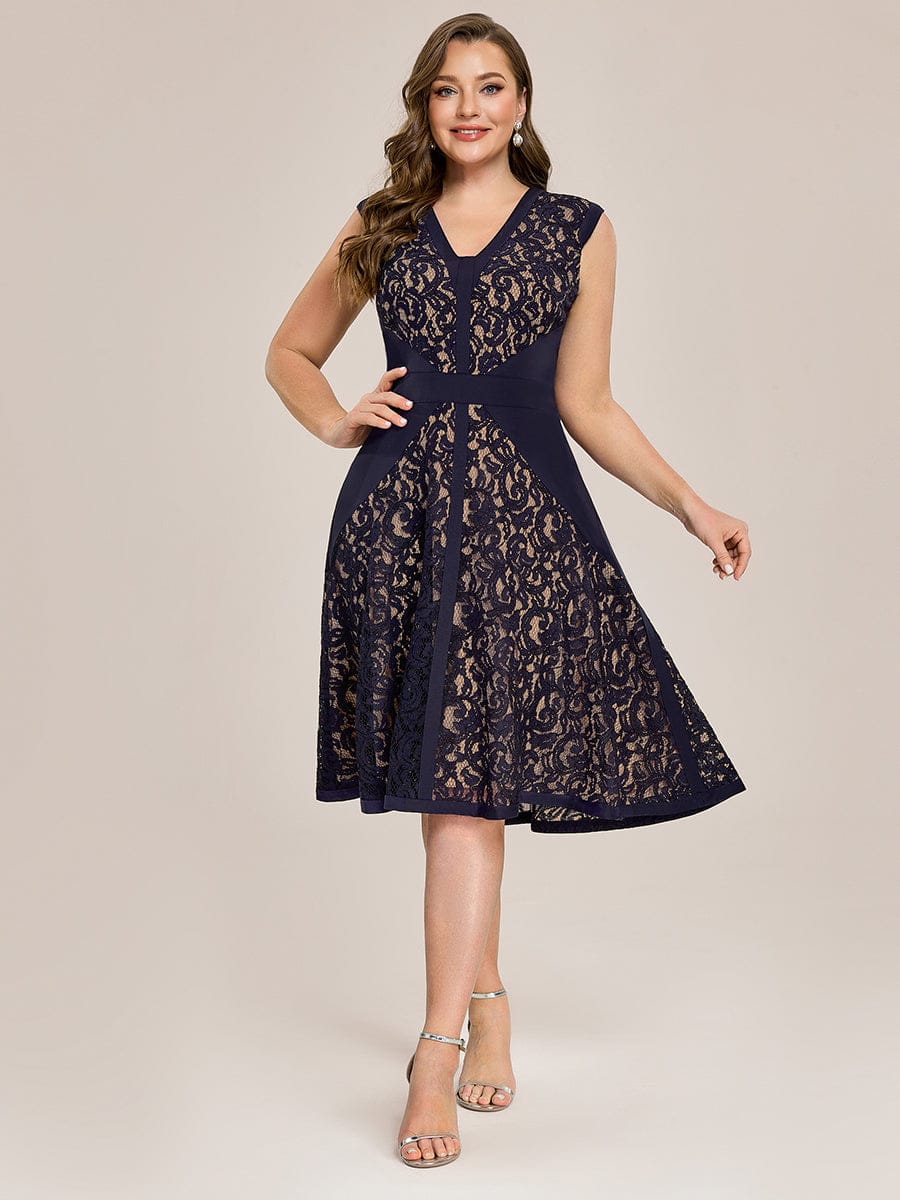 See-through Lace Cap Sleeve Dress #color_Navy Blue