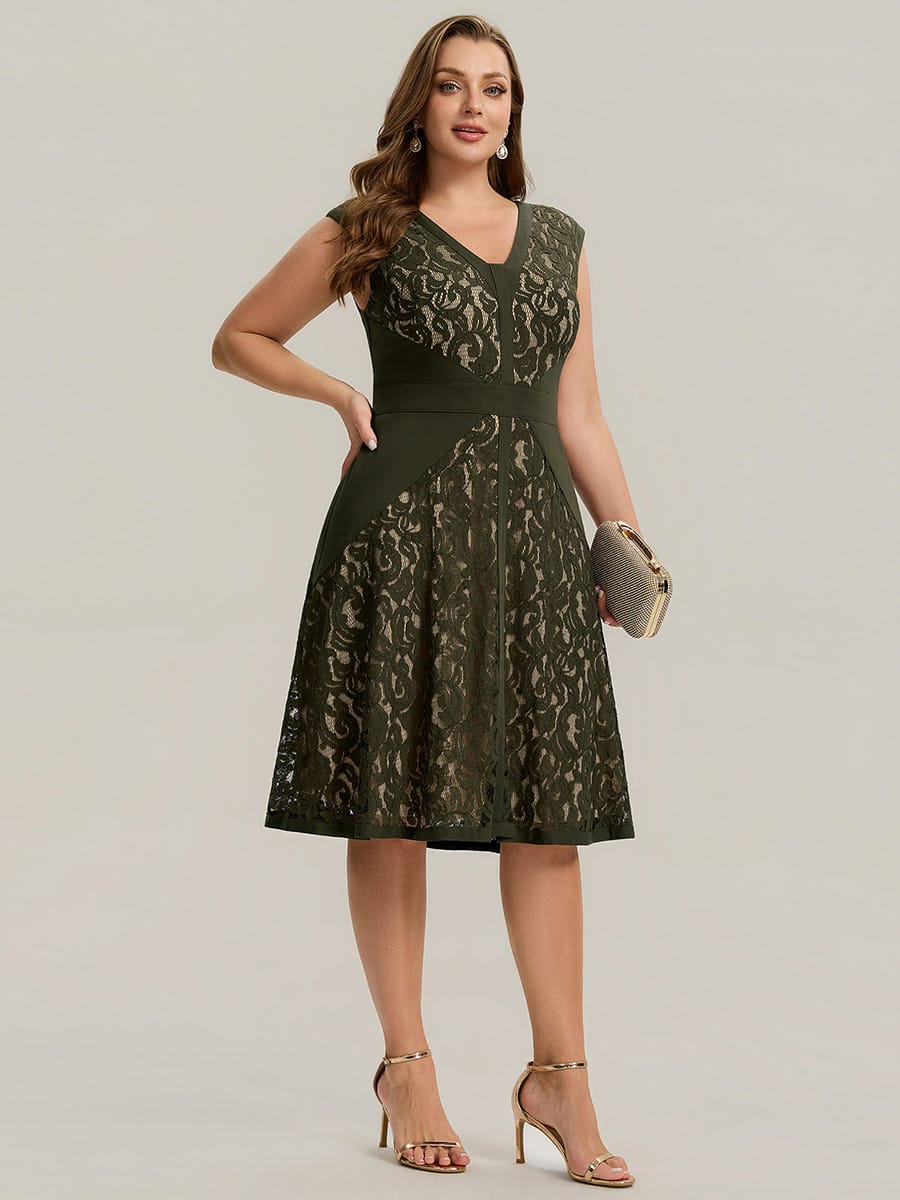 See-through Lace Cap Sleeve Dress #color_Olive Green