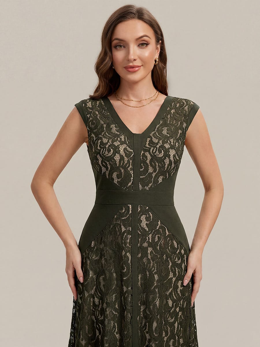 See-through Lace Cap Sleeve Dress #color_Olive Green
