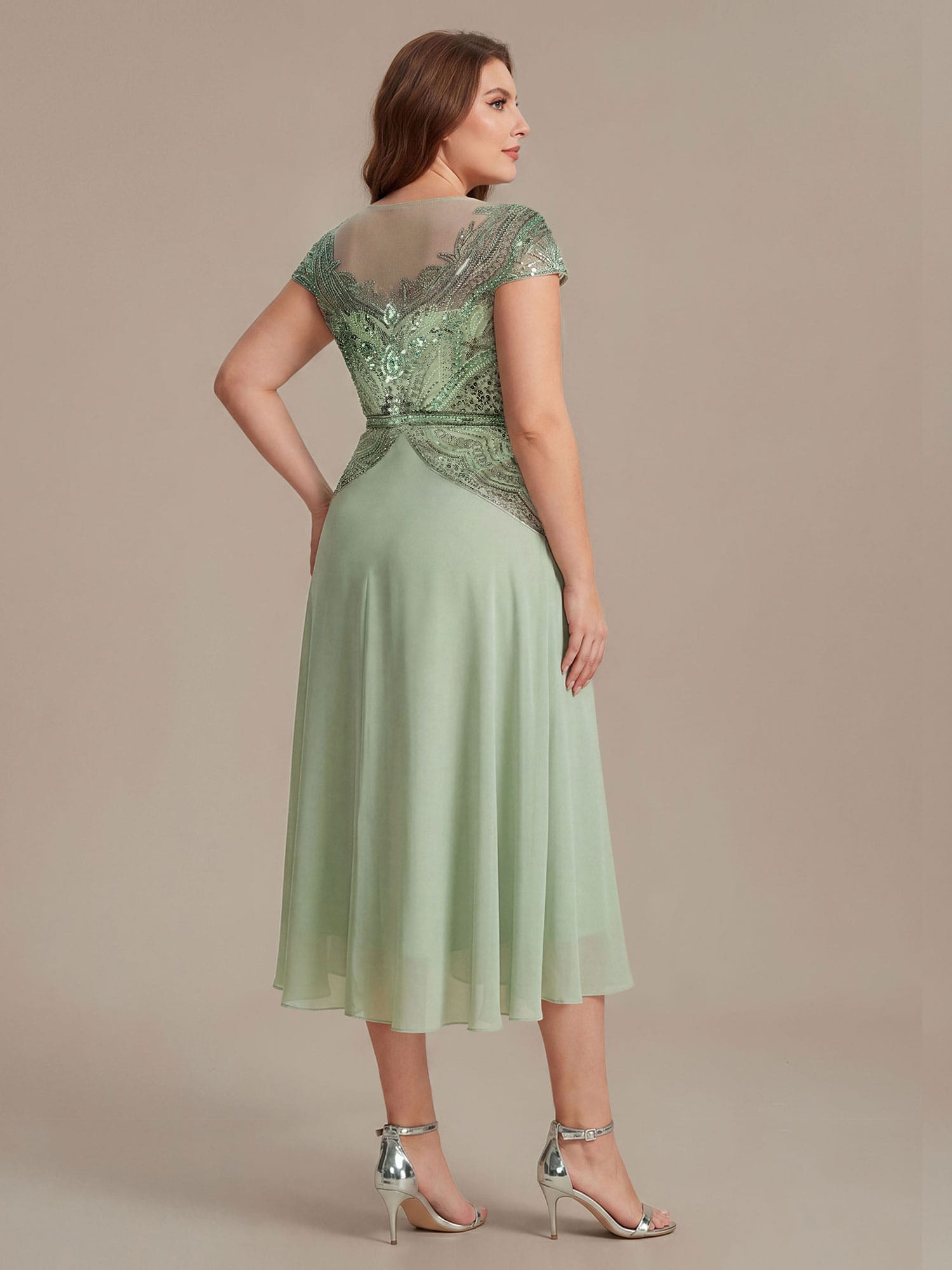 Sequin Sheath Round Neck Dress #color_Mint Green