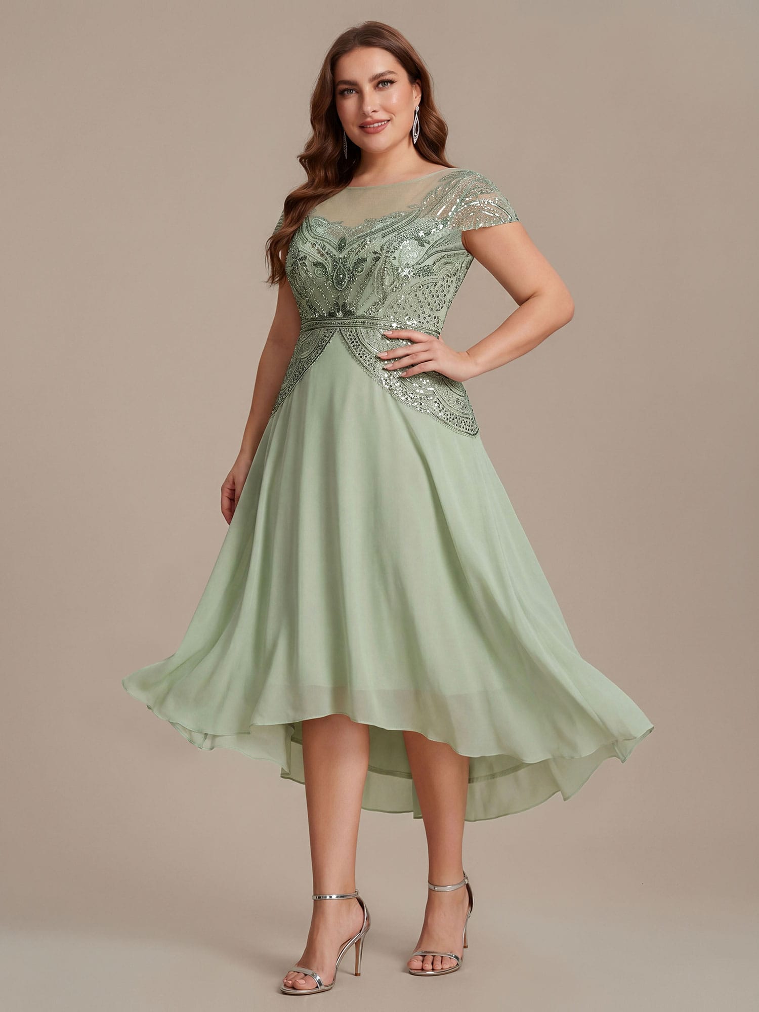 Sequin Sheath Round Neck Dress #color_Mint Green