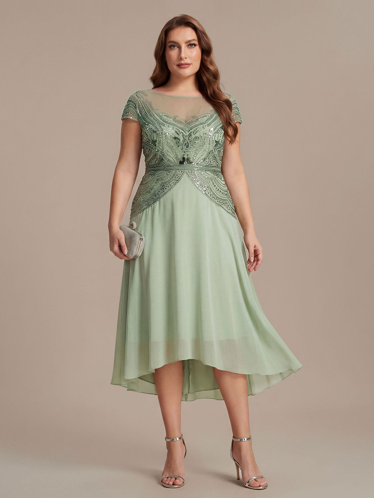 Sequin Sheath Round Neck Dress #color_Mint Green