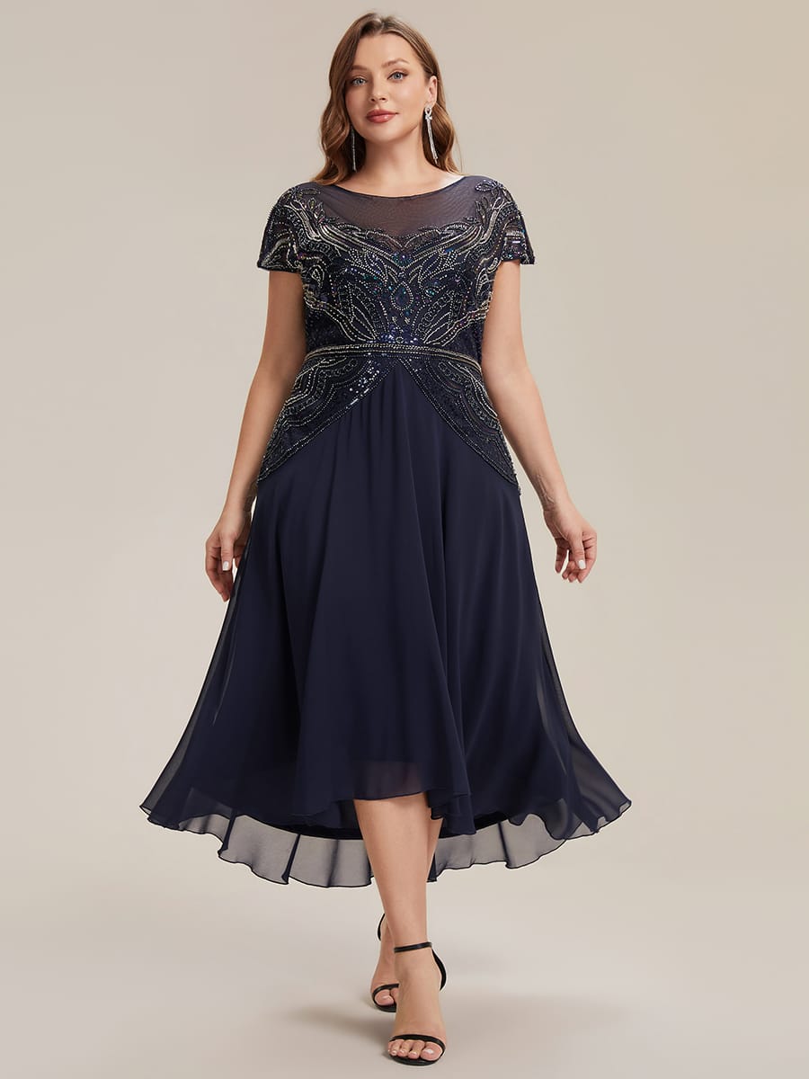 Sequin Sheath Round Neck Dress #color_Navy Blue