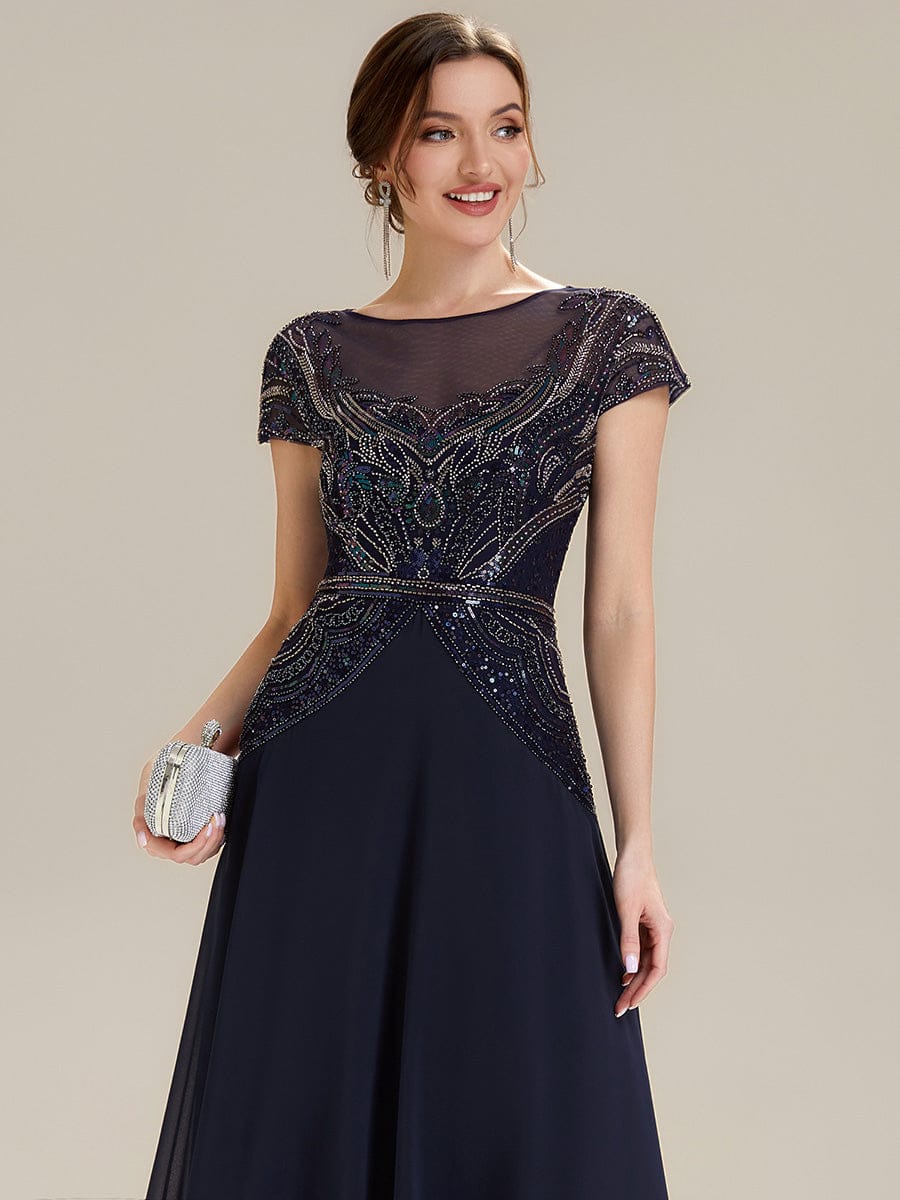 Sequin Sheath Round Neck Dress #color_Navy Blue