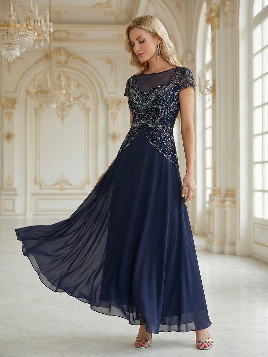 Sequin Sheath Round Neck Dress #color_Navy Blue