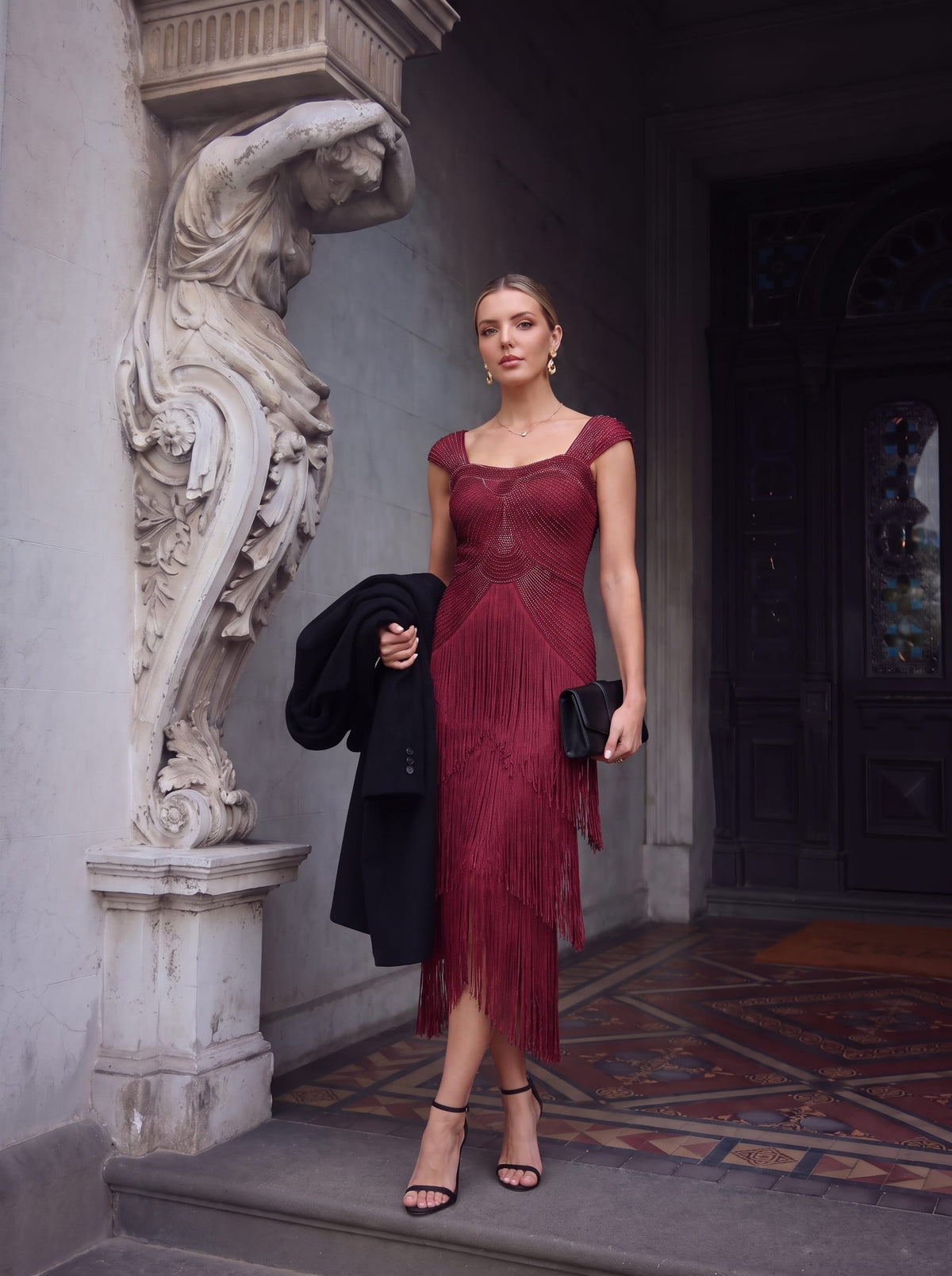 See-through Sequin Sleeveless Dress #color_Burgundy