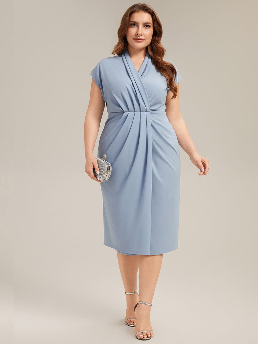 Deep V-Neck Knit Drop Shoulder Sleeve Dress #color_Ice Blue