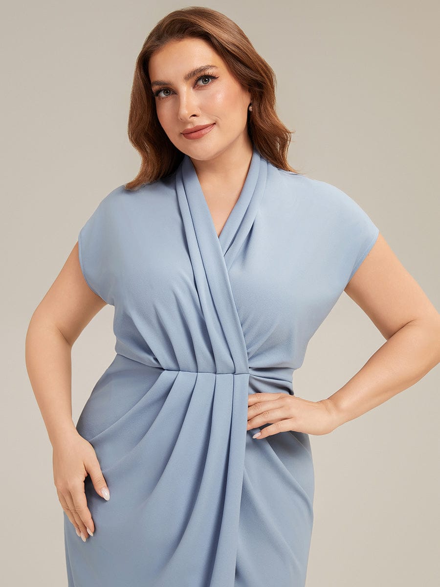 Deep V-Neck Knit Drop Shoulder Sleeve Dress #color_Ice Blue