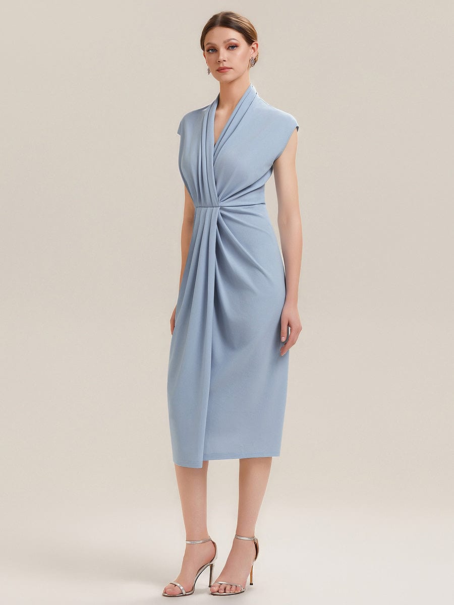 Deep V-Neck Knit Drop Shoulder Sleeve Dress #color_Ice Blue